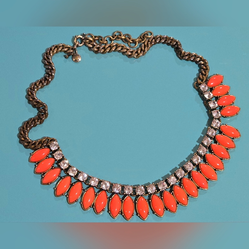 J. Crew Coral Pink Cabochon & Crystal Statement Necklace Brass Tone